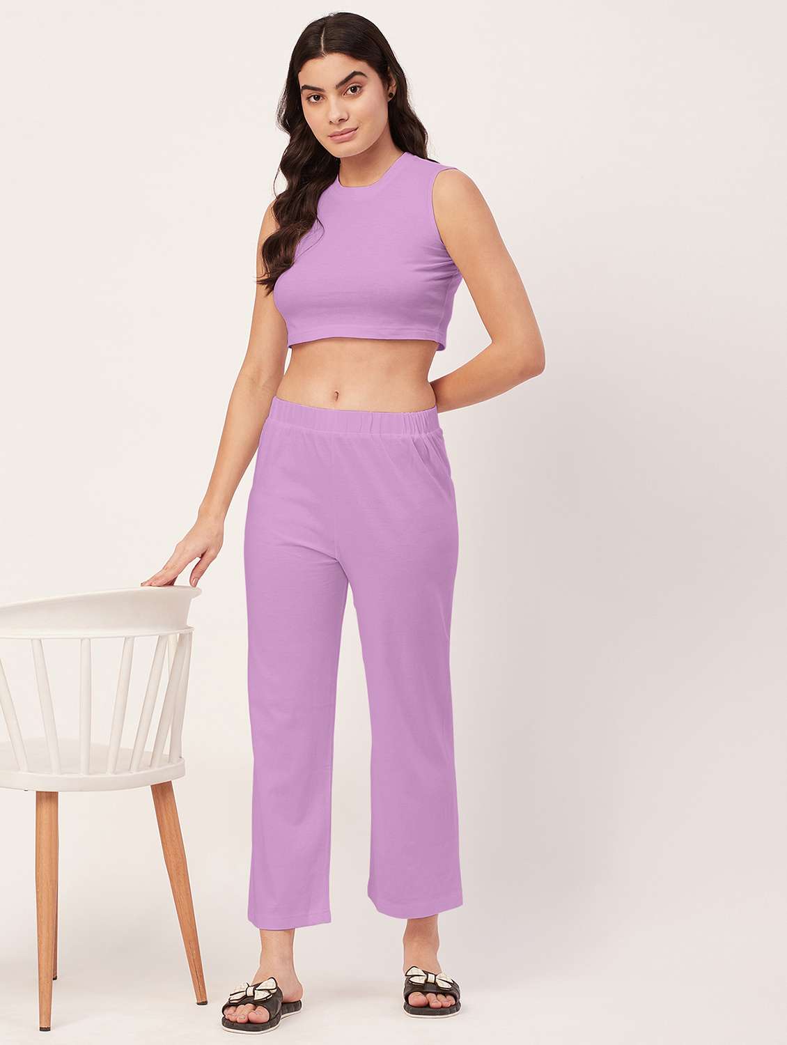 lavender solid pyjama nightwear set - 20476000 -  Standard Image - 1