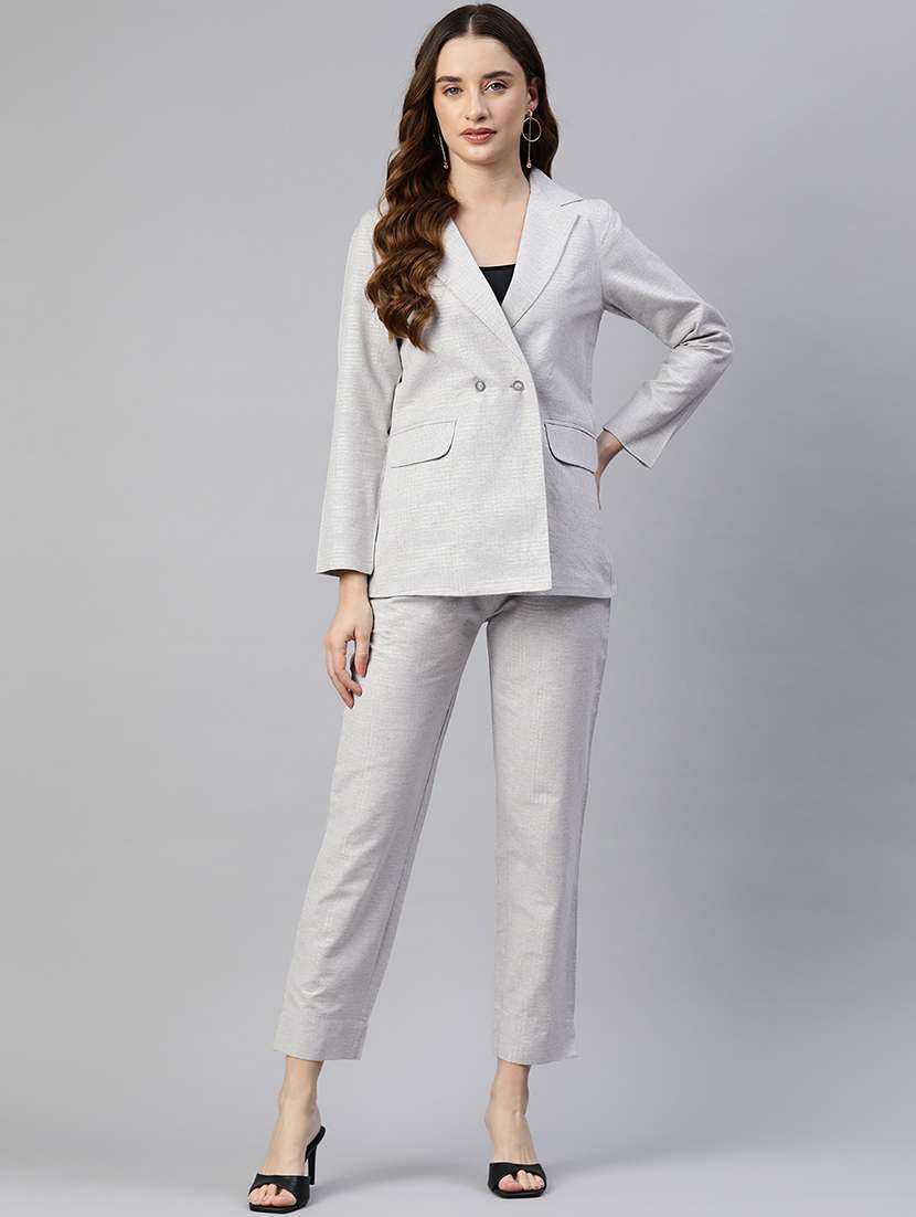 women grey cotton blazer and trousers co-ord set