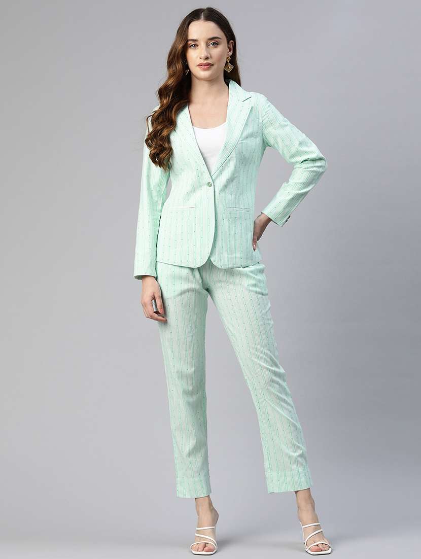 women green cotton blazer and trousers co-ord set