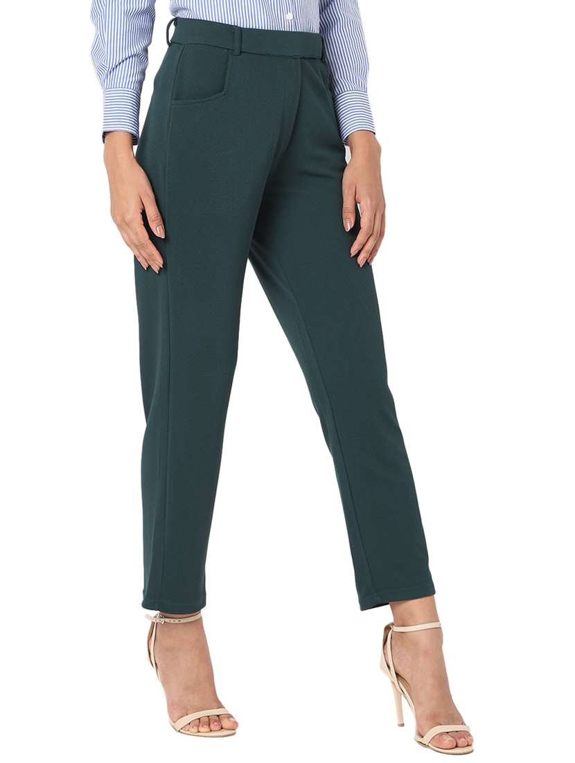 bottle green solid flat front trouser - 20477957 -  Standard Image - 1