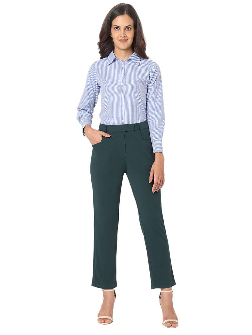 bottle green solid flat front trouser - 20477957 -  Standard Image - 4