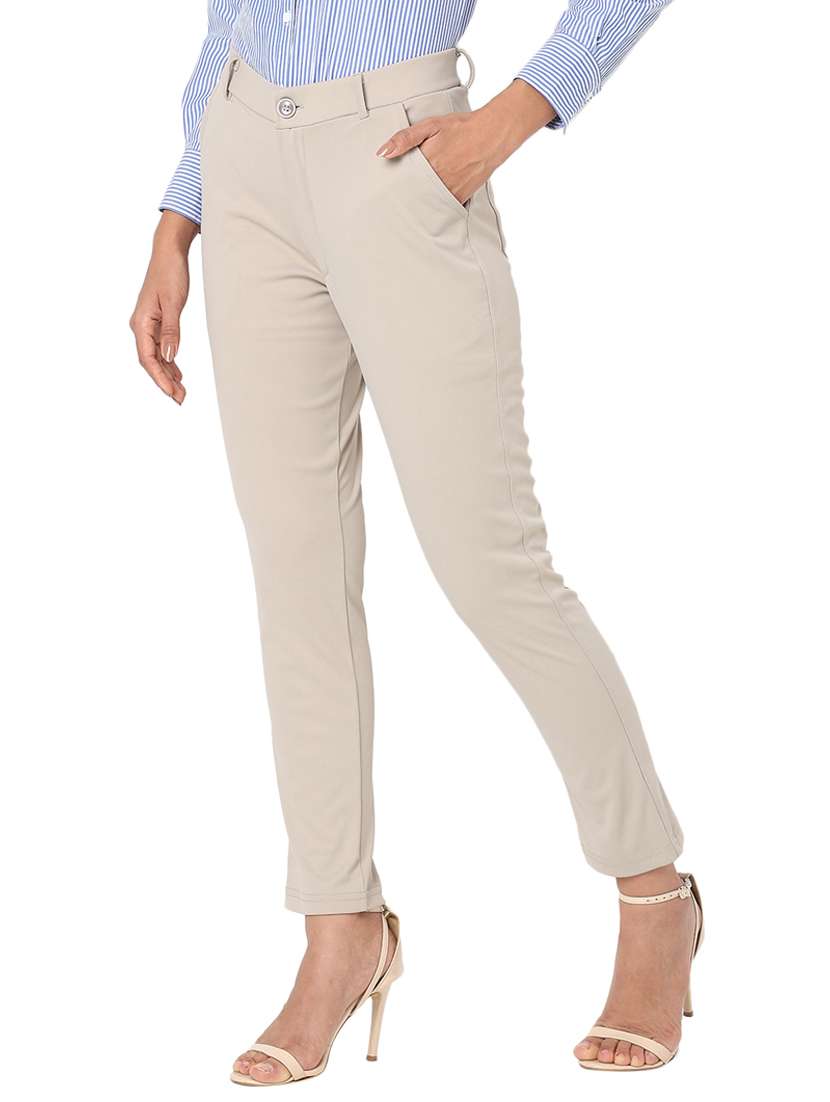 taupe solid flat front trouser - 20477959 -  Standard Image - 1
