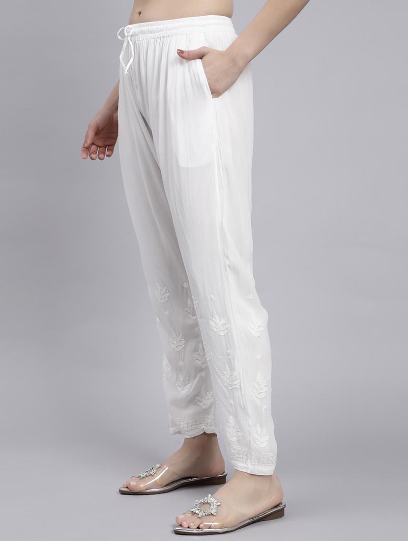 hand embroidered white viscose straight tapered pant - 20478470 - Standard Image - 1
