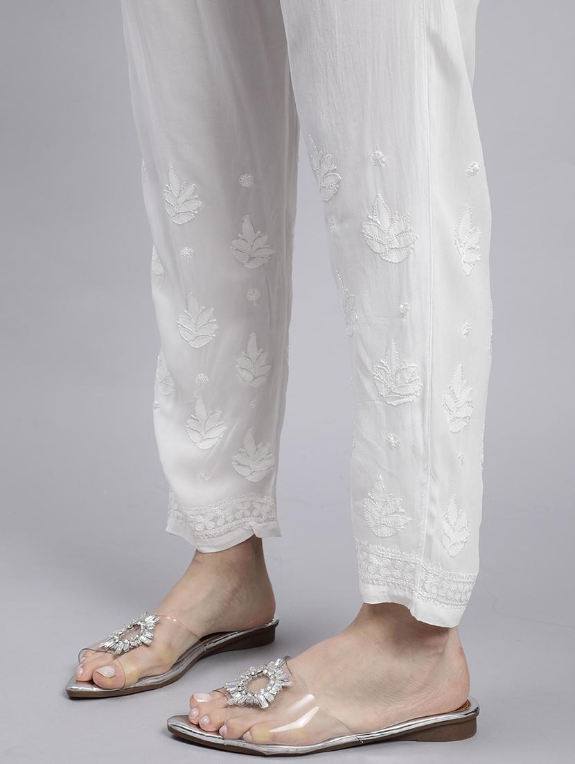 hand embroidered white viscose straight tapered pant - 20478470 - Standard Image - 4