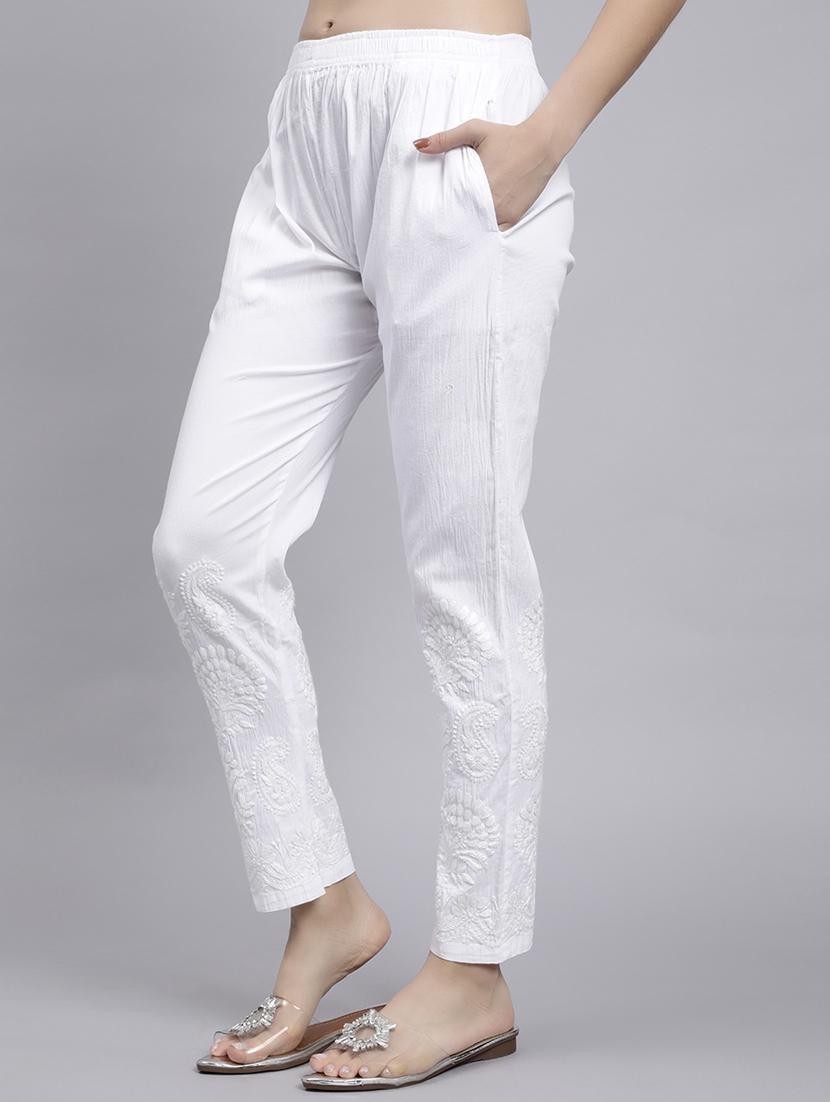hand embroidered white viscose straight tapered pant - 20478471 -  Standard Image - 1