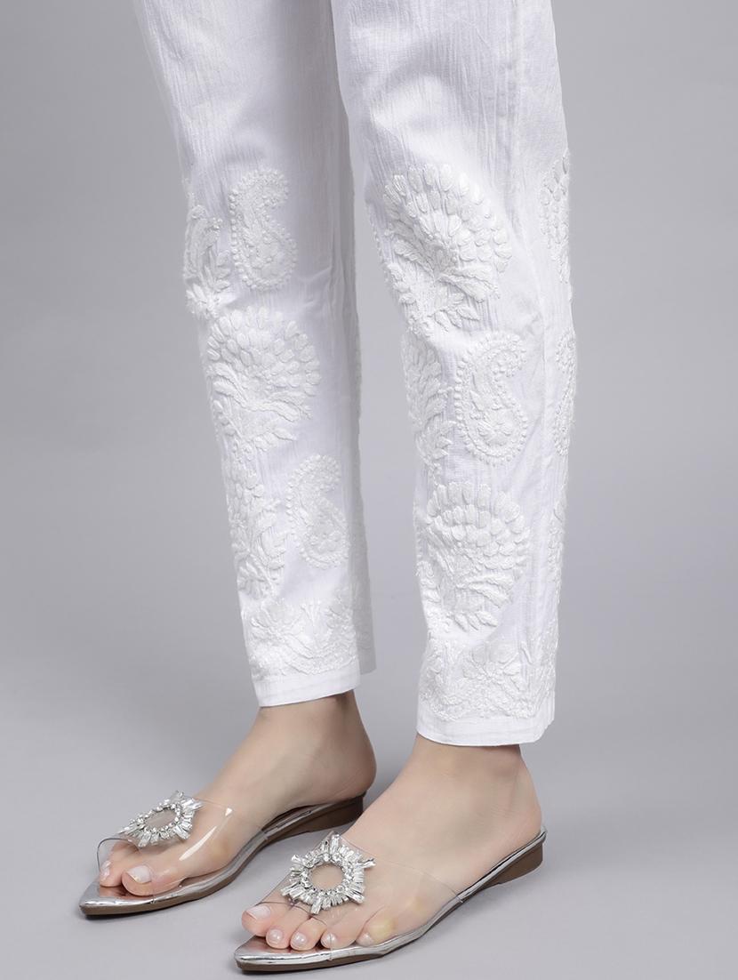 hand embroidered white viscose straight tapered pant - 20478471 - Standard Image - 4
