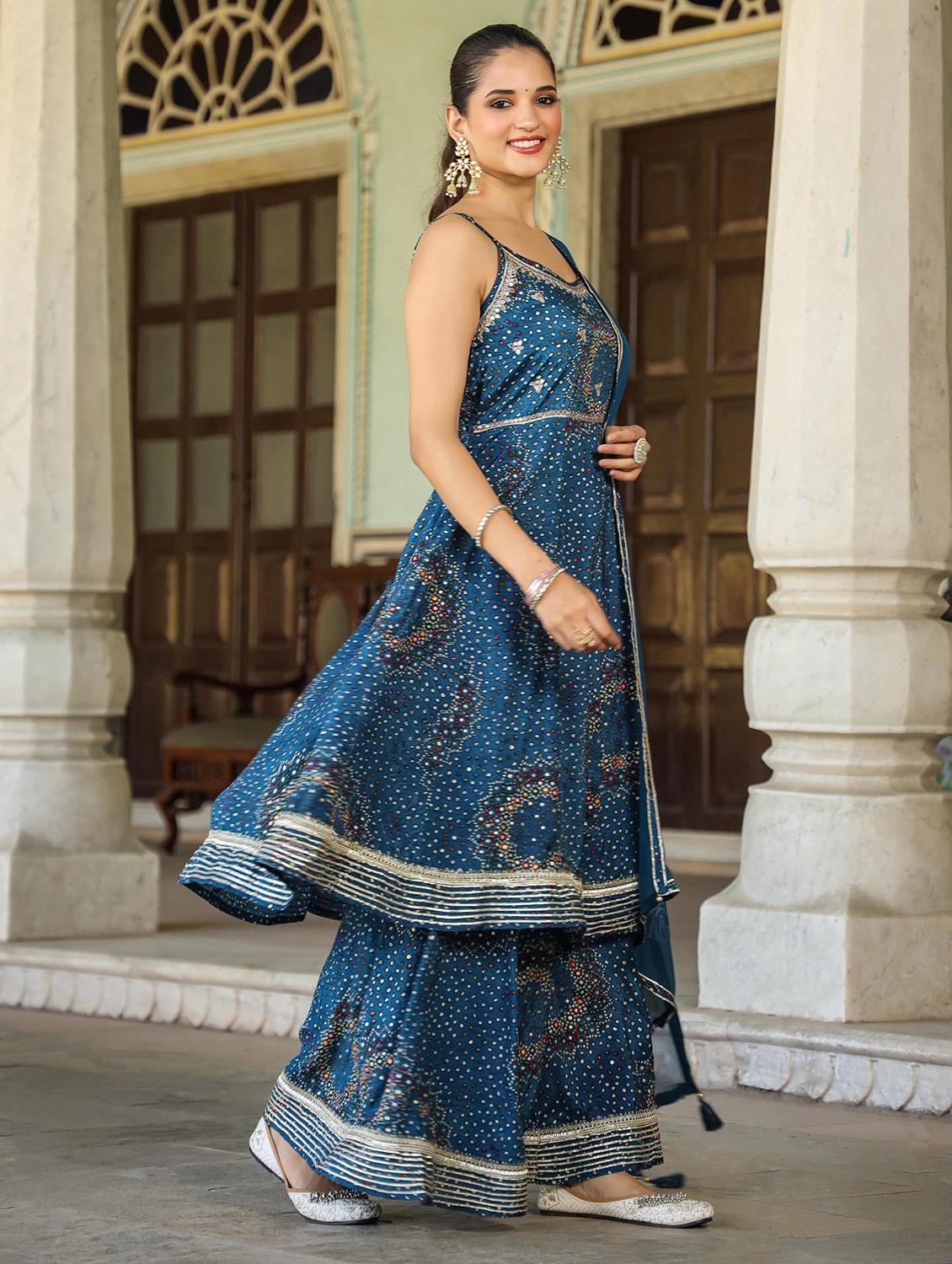 women blue round neck kurta sharara set with dupatta - 20478664 - Standard Image - 1