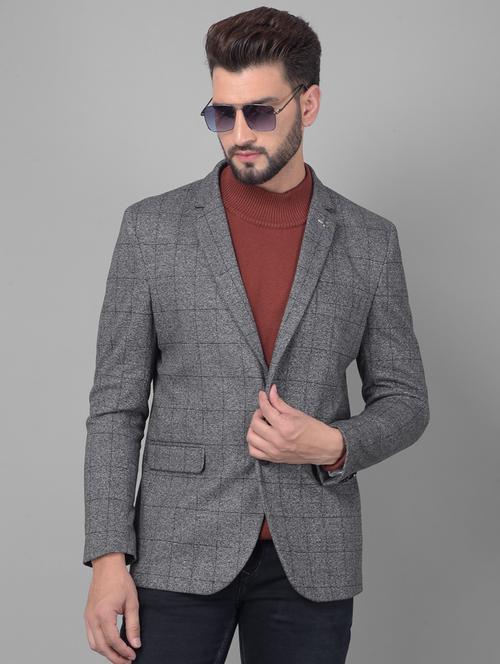men checkered grey polyester single breasted casual blazer - 20478718 -  Standard Image - 0