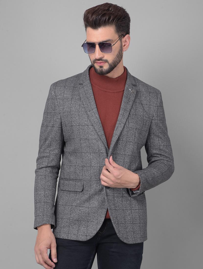 men checkered grey polyester single breasted casual blazer - 20478718 -  Zoom Image - 0