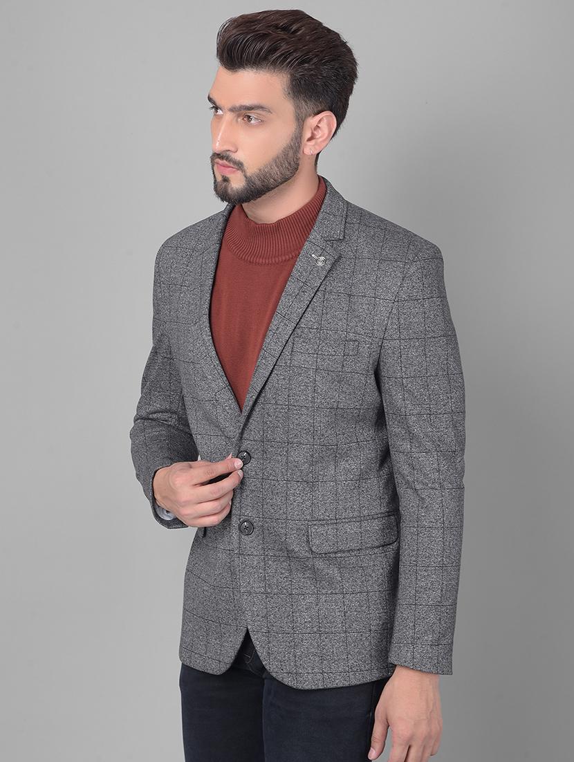 men checkered grey polyester single breasted casual blazer - 20478718 -  Standard Image - 1