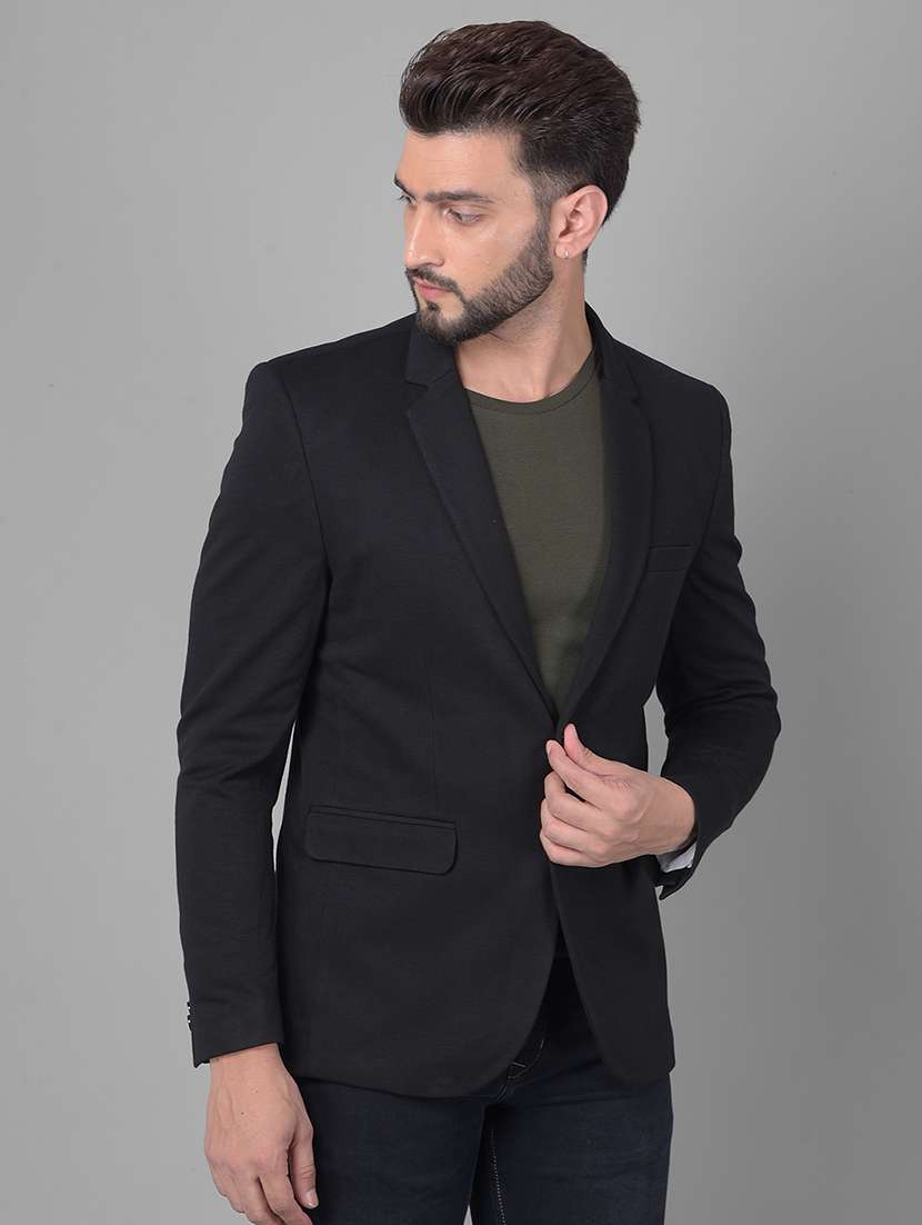men solid black rayon single breasted casual blazer