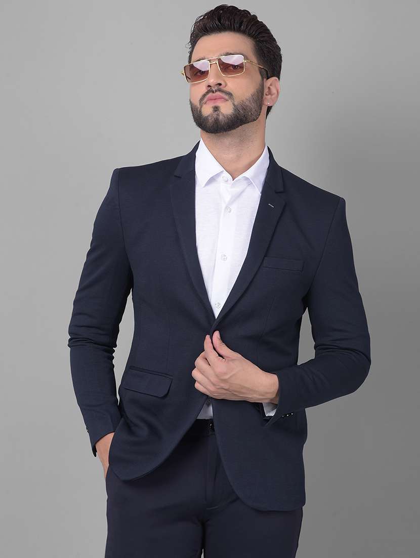 men solid navy blue nylon single breasted casual blazer