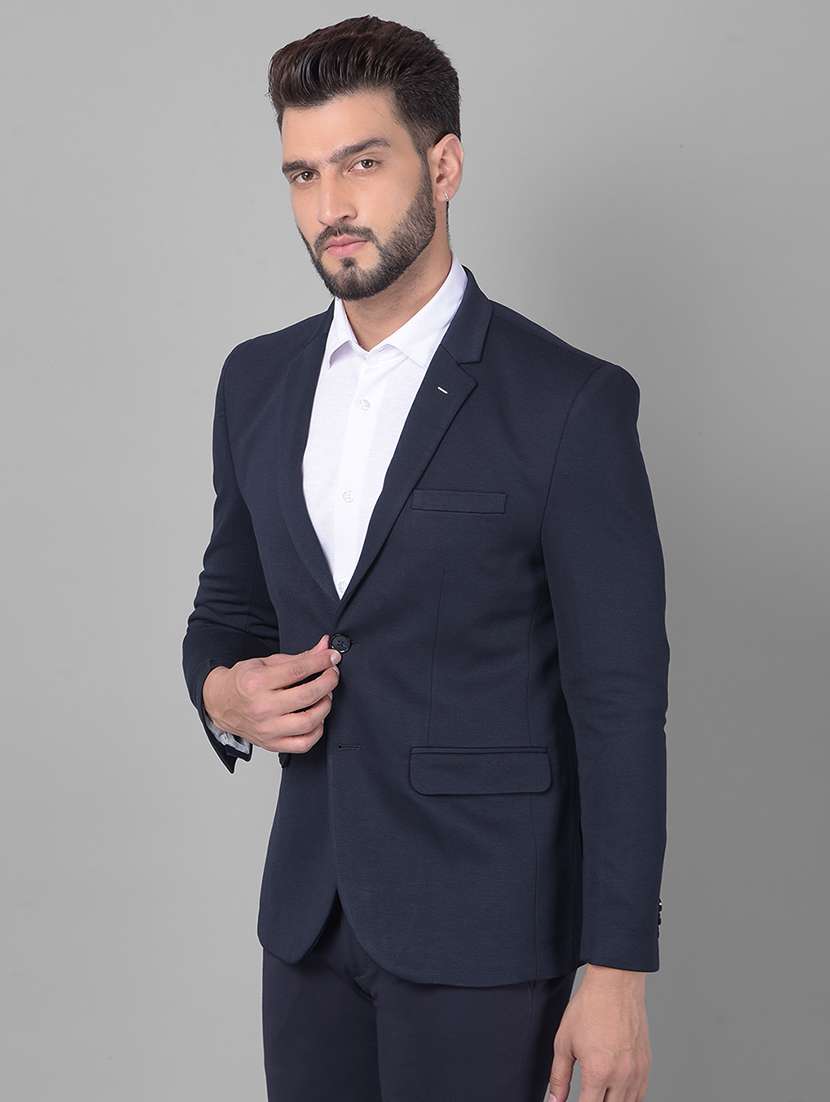 men solid navy blue nylon single breasted casual blazer - 20478733 -  Standard Image - 1