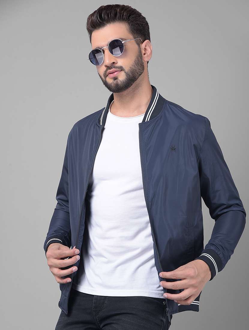 men solid navy blue polyester bomber jacket