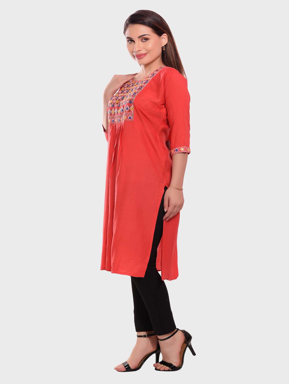red embroidered rayon straight kurta - 20479176 -  Standard Image - 1