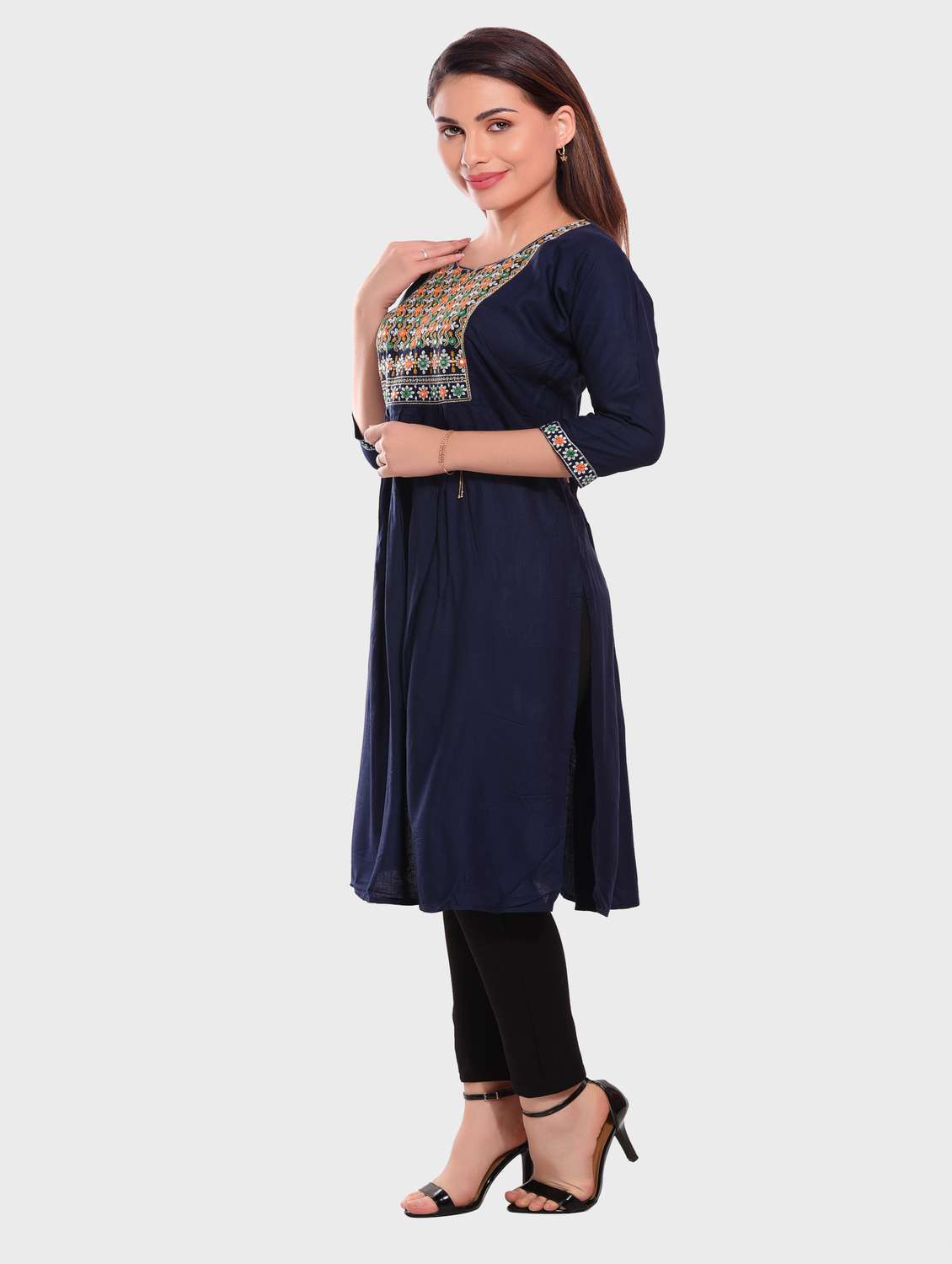 blue embroidered rayon straight kurta - 20479177 -  Standard Image - 1