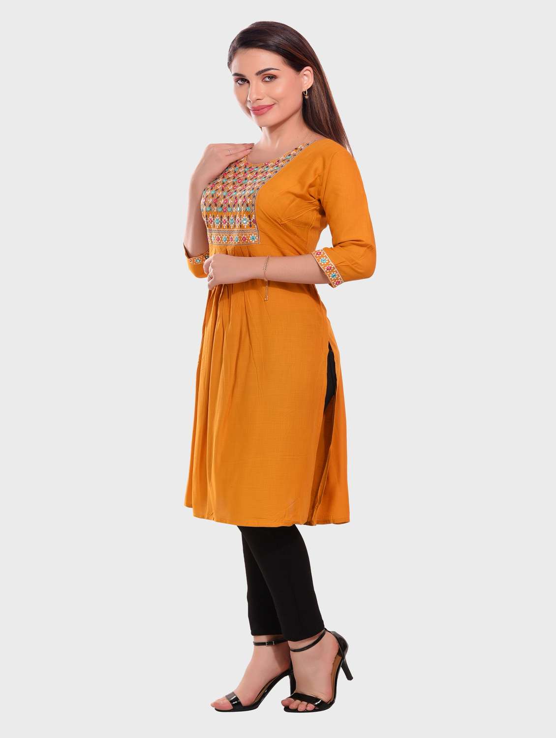 mustard embroidered rayon straight kurta - 20479178 -  Standard Image - 1