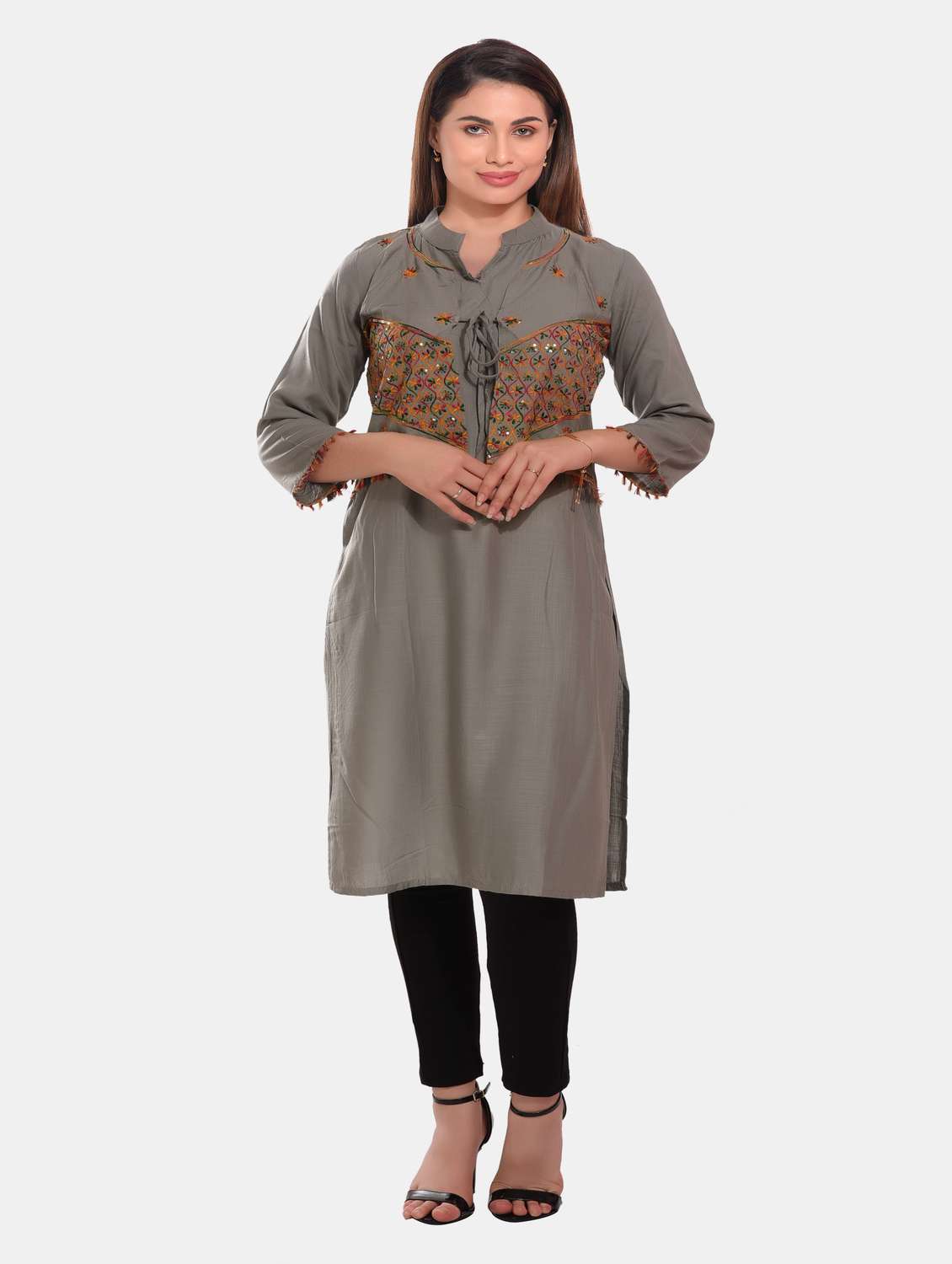 grey embroidered rayon straight kurta