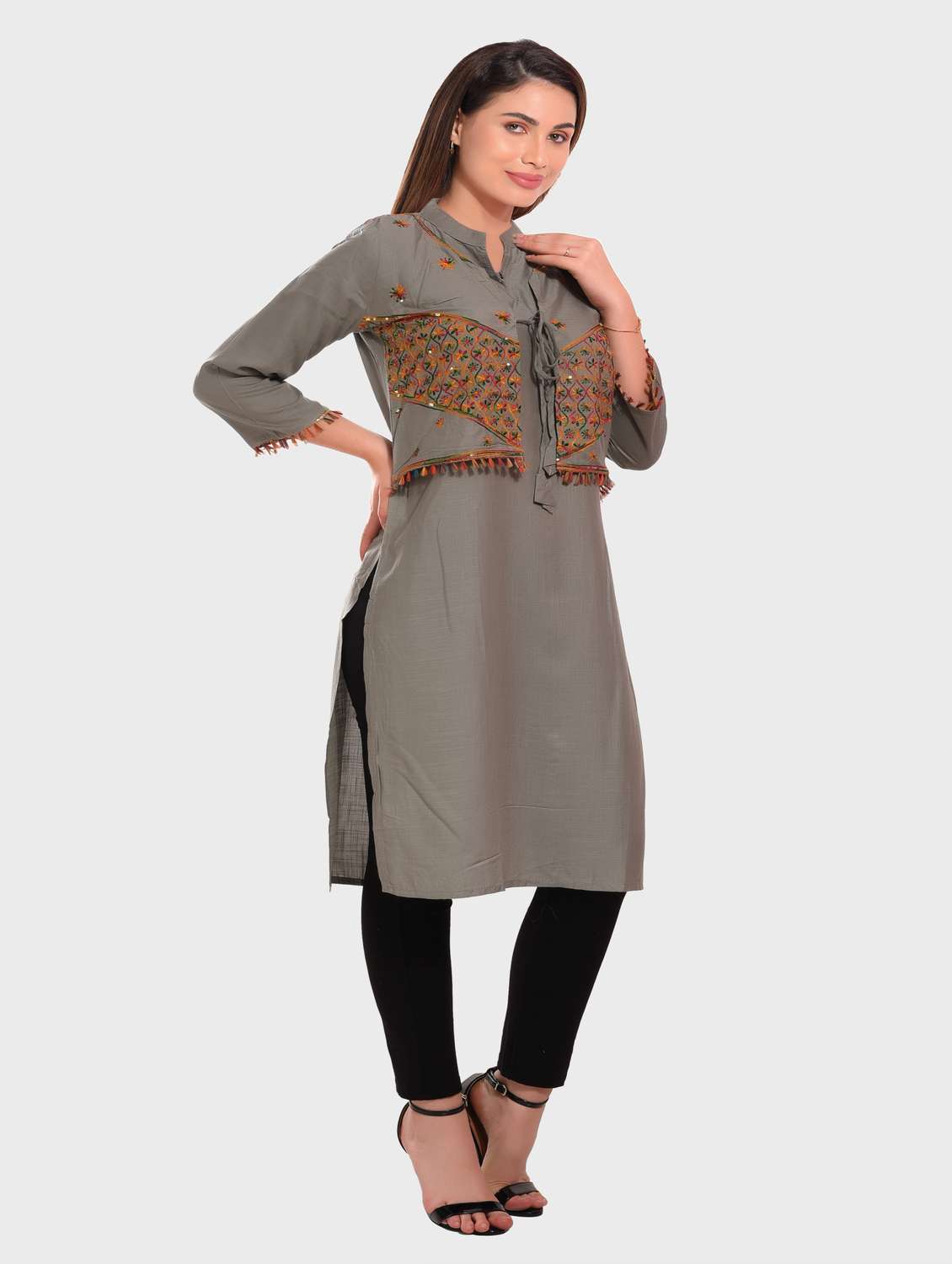 grey embroidered rayon straight kurta - 20479179 -  Standard Image - 1