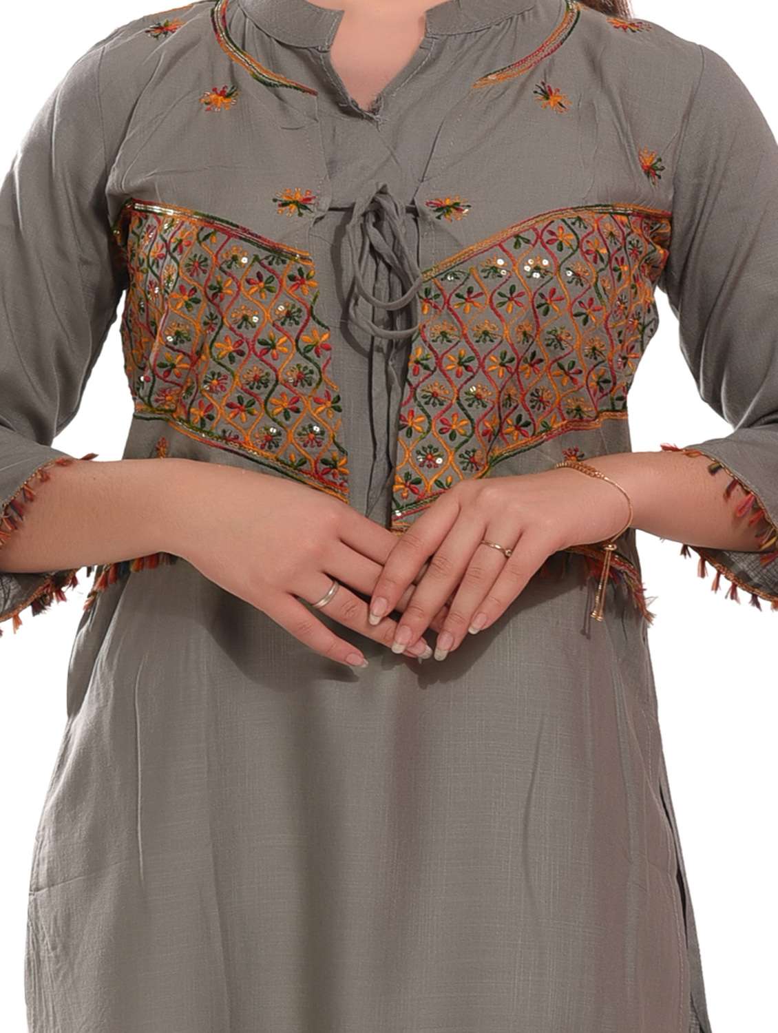 grey embroidered rayon straight kurta - 20479179 -  Standard Image - 4