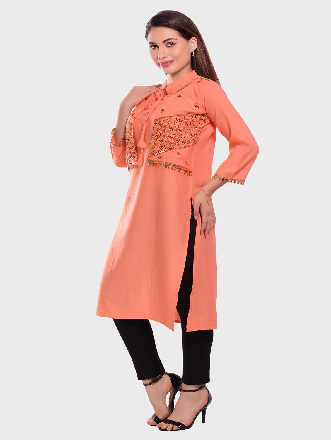 peach embroidered rayon straight kurta - 20479181 -  Standard Image - 1