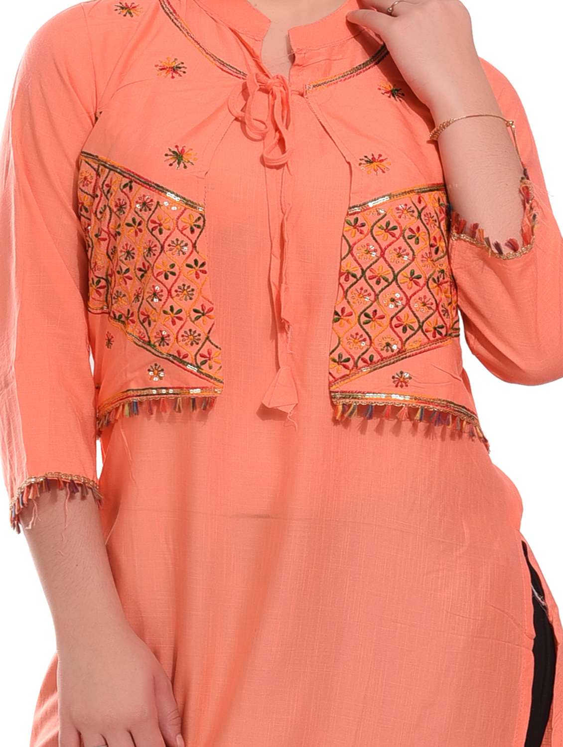 peach embroidered rayon straight kurta - 20479181 -  Standard Image - 4