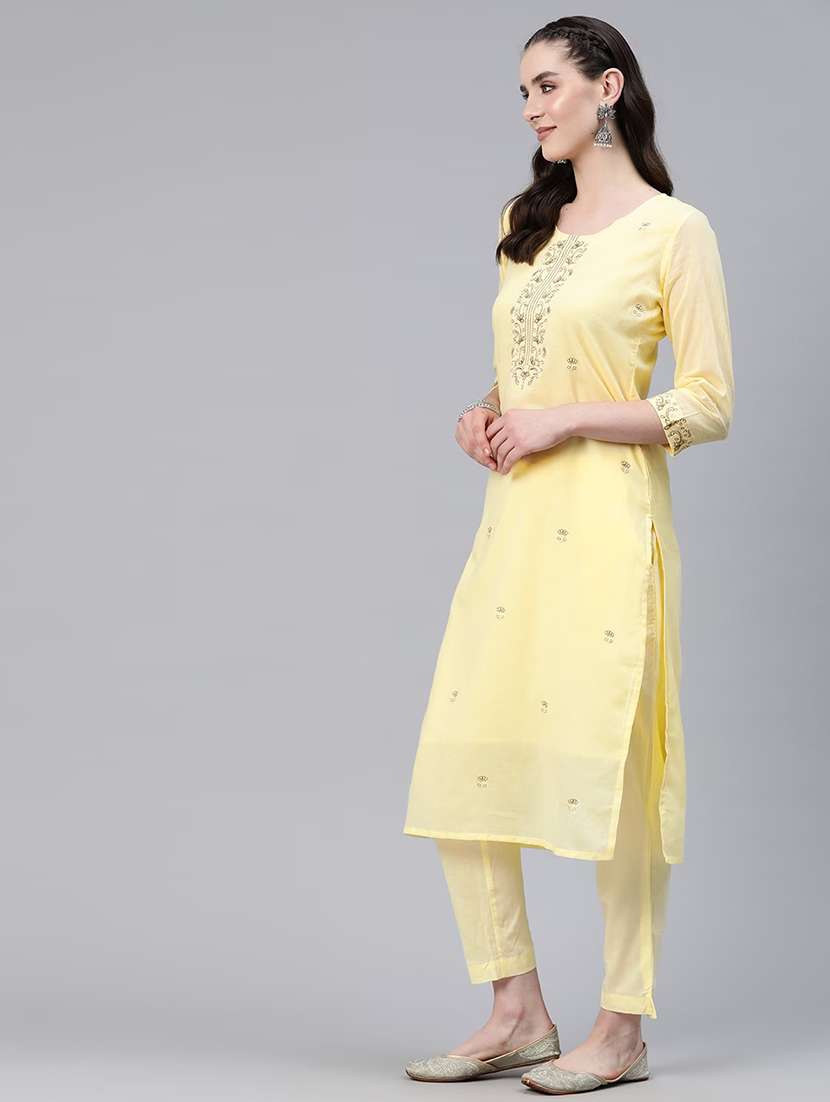 women yellow round neck kurta pant set  - 20483648 -  Standard Image - 1