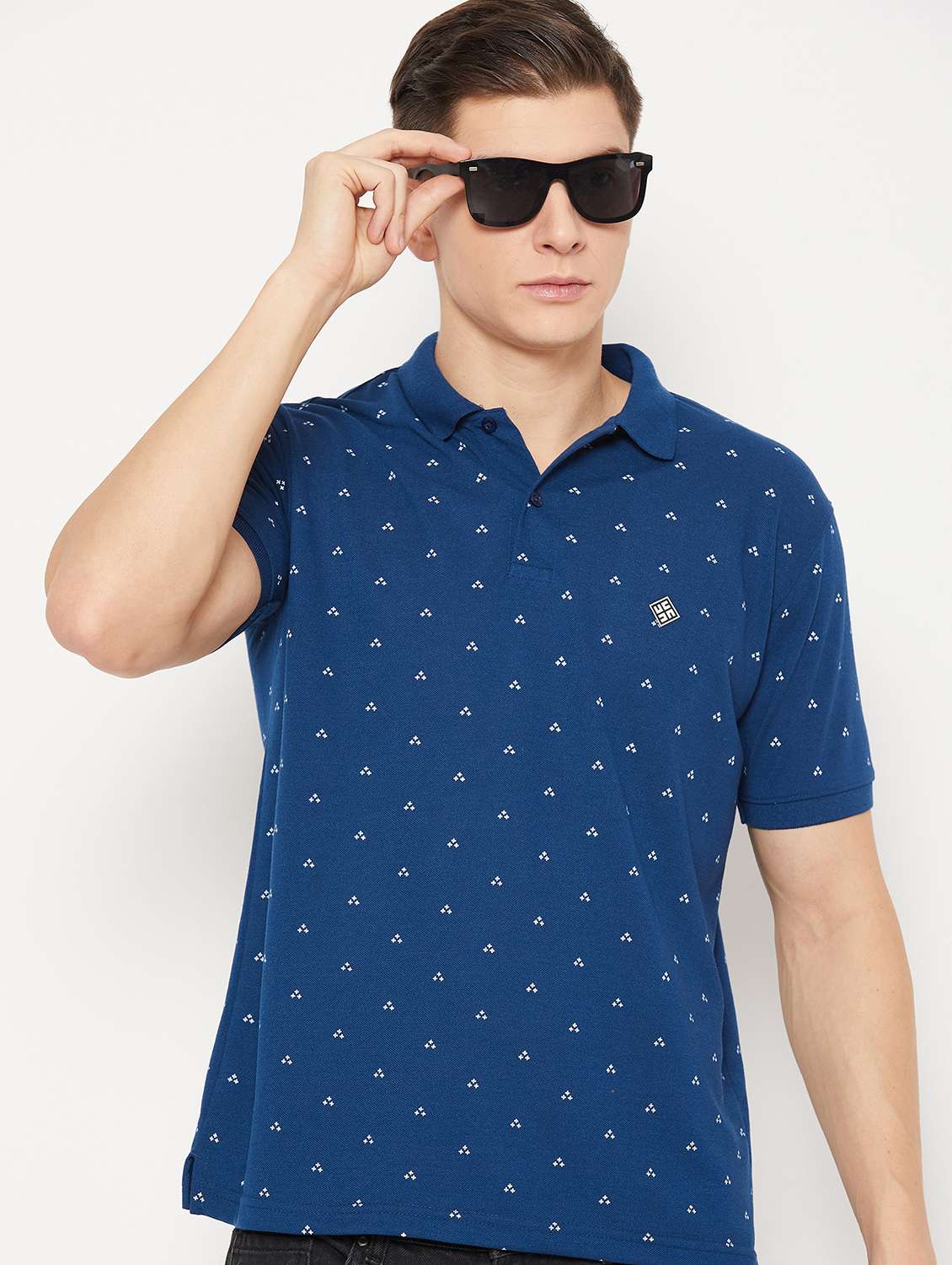 blue micro printed polo t-shirt