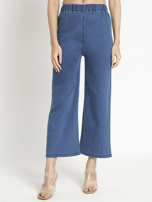 women solid blue denim wide leg trouser - 20483884 -  Standard Image - 0