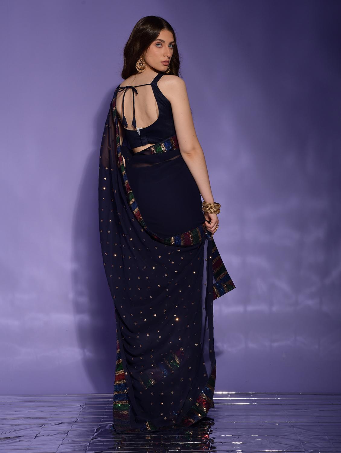 navy blue solid with work saree with blouse - 20484459 - Standard Image - 1
