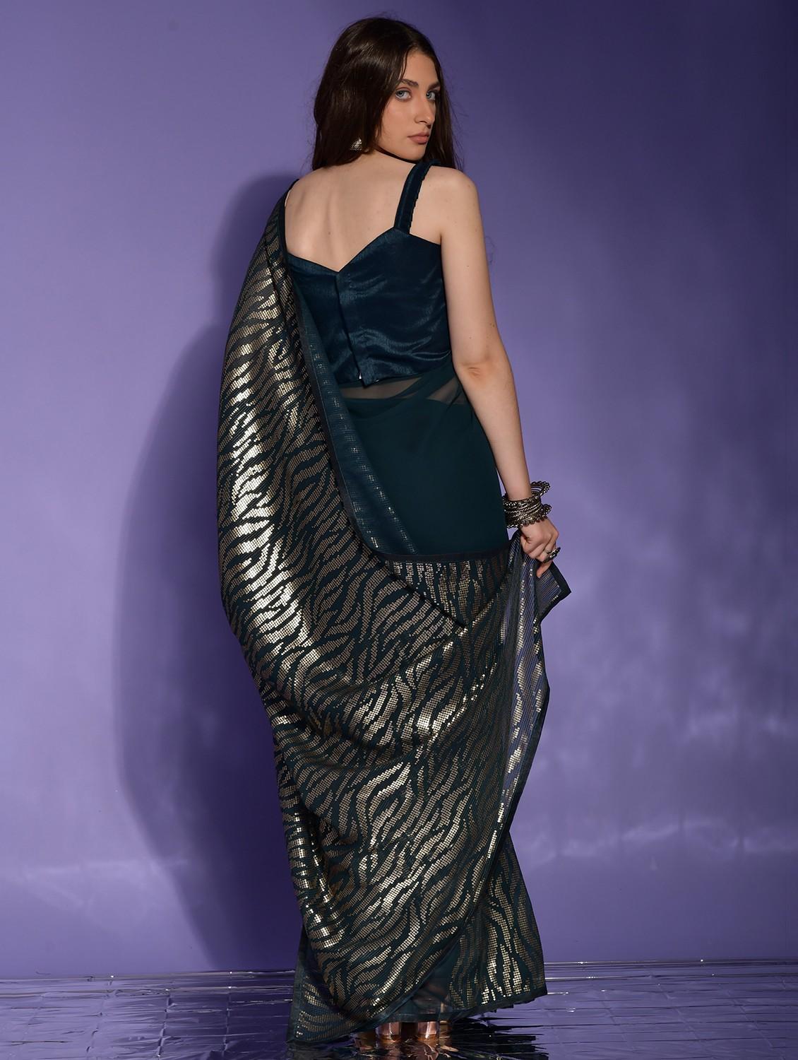 bottle green solid with work saree with blouse - 20484460 - Standard Image - 1