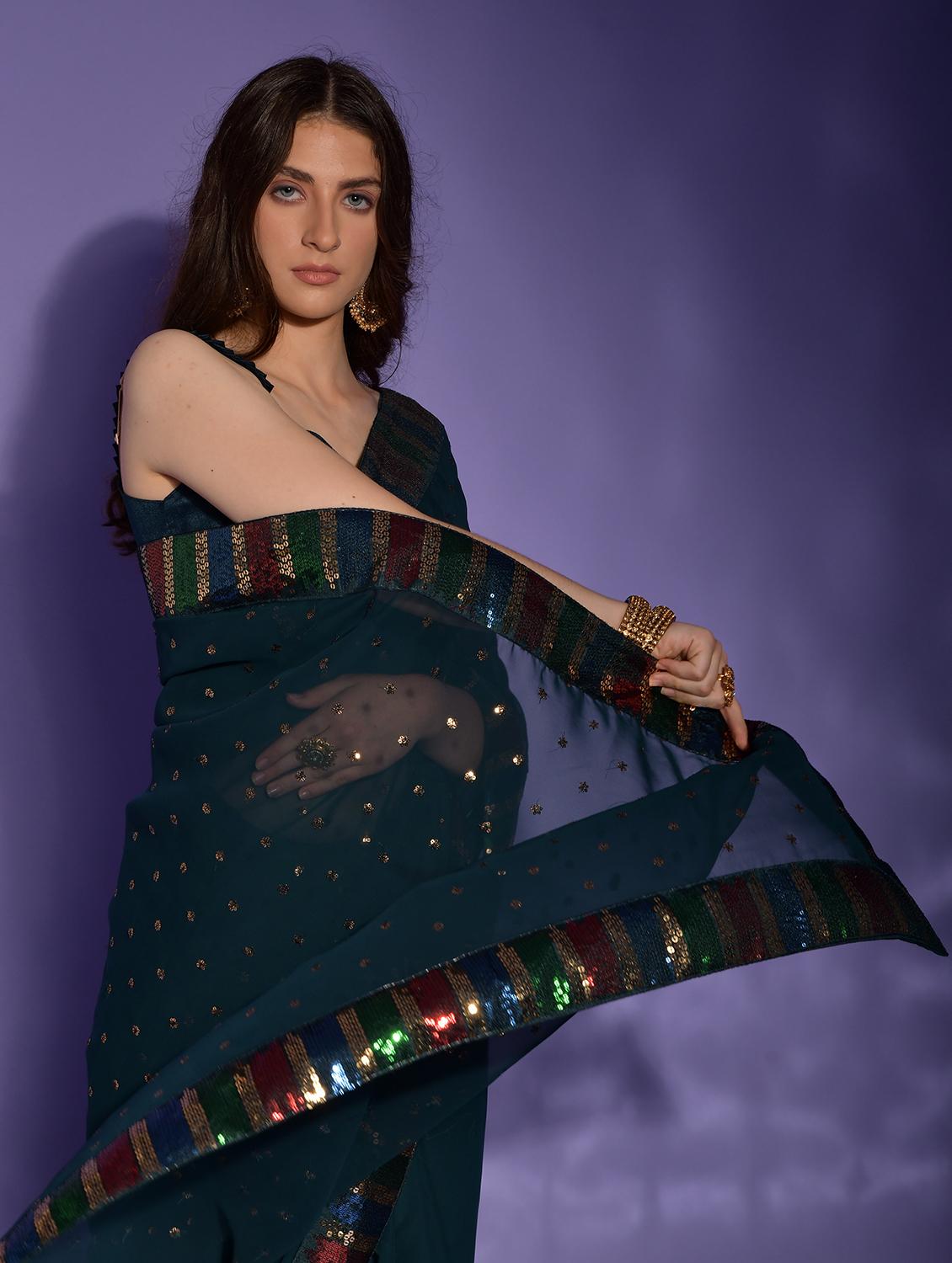 teal blue sequined saree - 20484466 - Standard Image - 1
