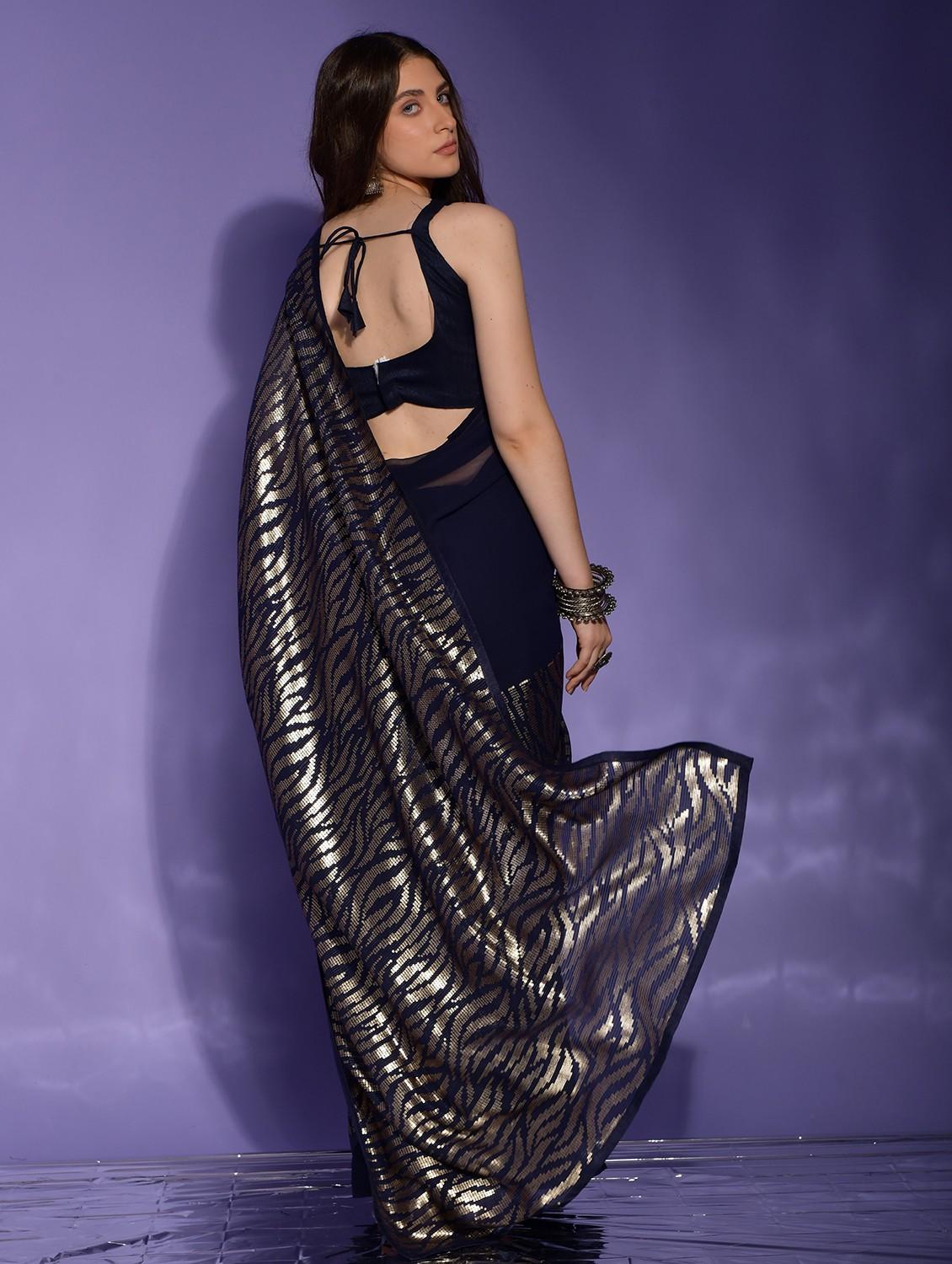 navy blue solid with work saree with blouse - 20484467 -  Standard Image - 1