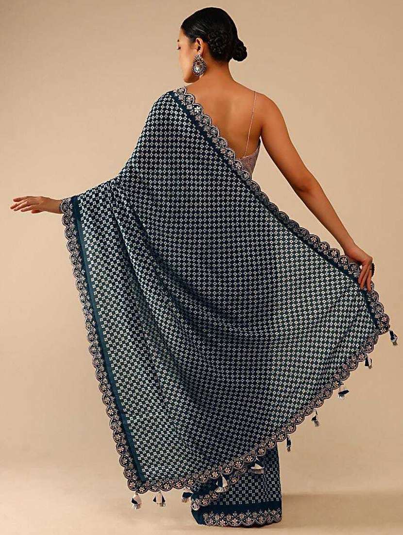 teal embroidered & sequins work saree with blouse - 20484468 - Standard Image - 1