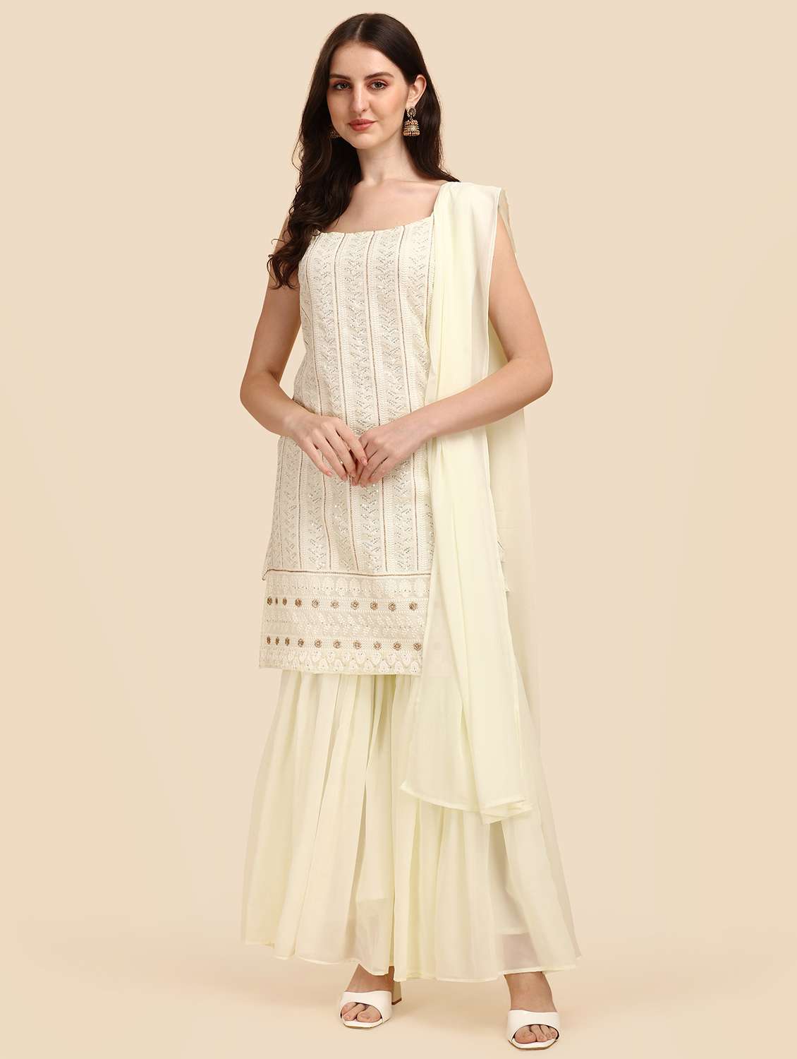 women off-white kurta sharara set with dupatta
