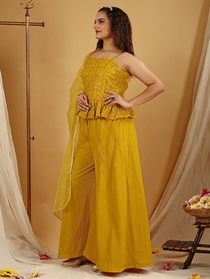 women yellow sequin work fusion set - 20484564 -  Standard Image - 1
