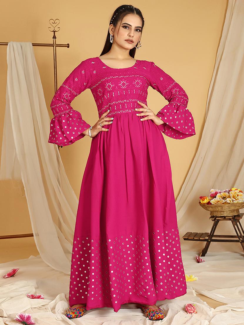 women bell sleeved embroidered fit & flare gown