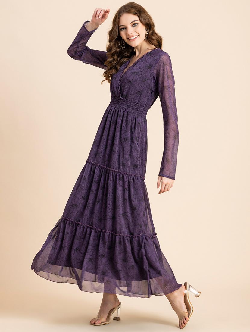 purple floral printed tiered dress - 20484876 - Zoom Image - 0