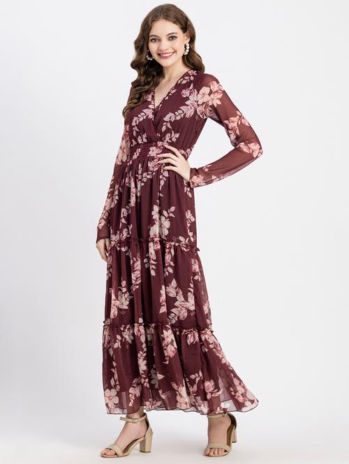 brown floral tiered dress - 20484880 - Standard Image - 0
