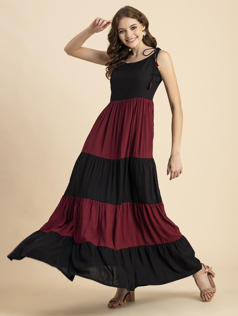 black and red color block tiered dress - 20484884 -  Zoom Image - 0