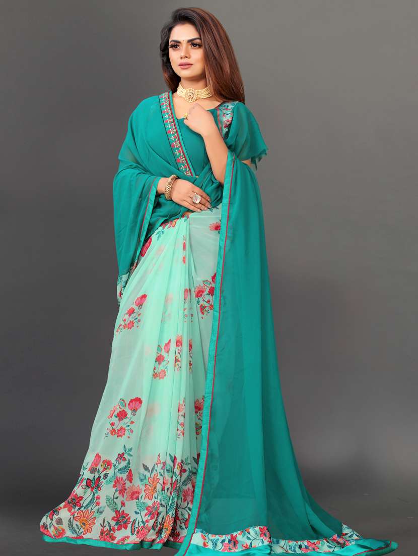 women's floral turquoise colored saree with blouse