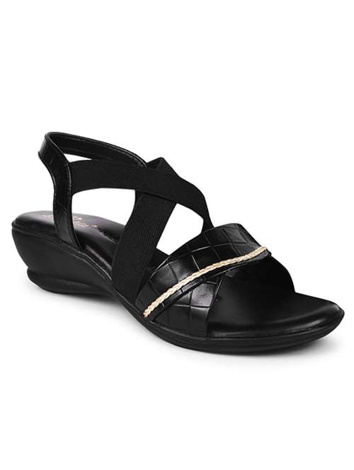 women textured black ankle strap wedge - 20485113 - Standard Image - 0