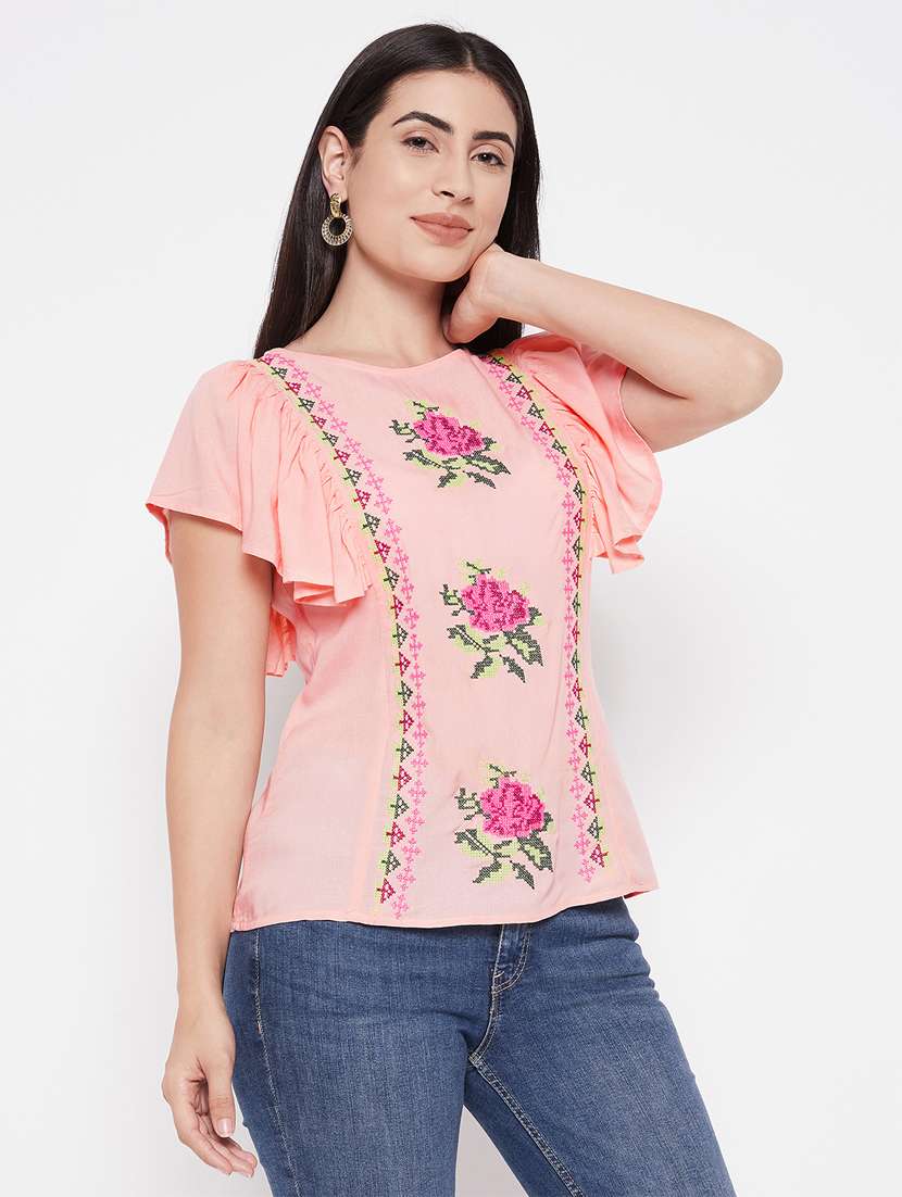 peach embroidered regular tunic - 20485689 -  Standard Image - 1