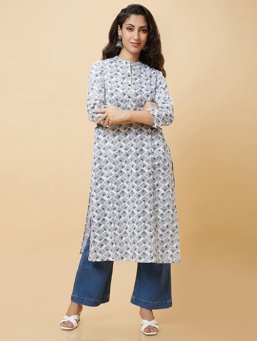 white geometric printed straight kurta - 20485846 - Standard Image - 0