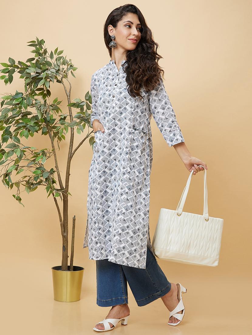 white geometric printed straight kurta - 20485846 -  Standard Image - 1