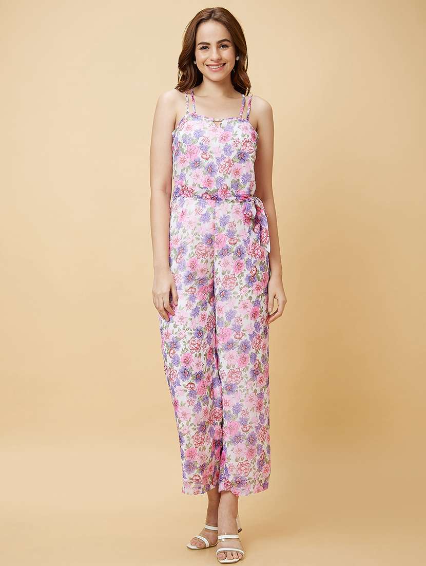 multi colored floral full leg jumpsuit