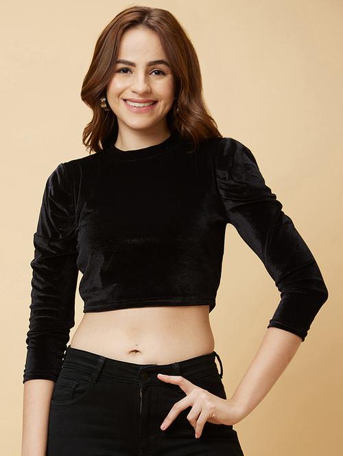 globus women black mock neck fitted velvet party crop top - 20485884 - Standard Image - 0