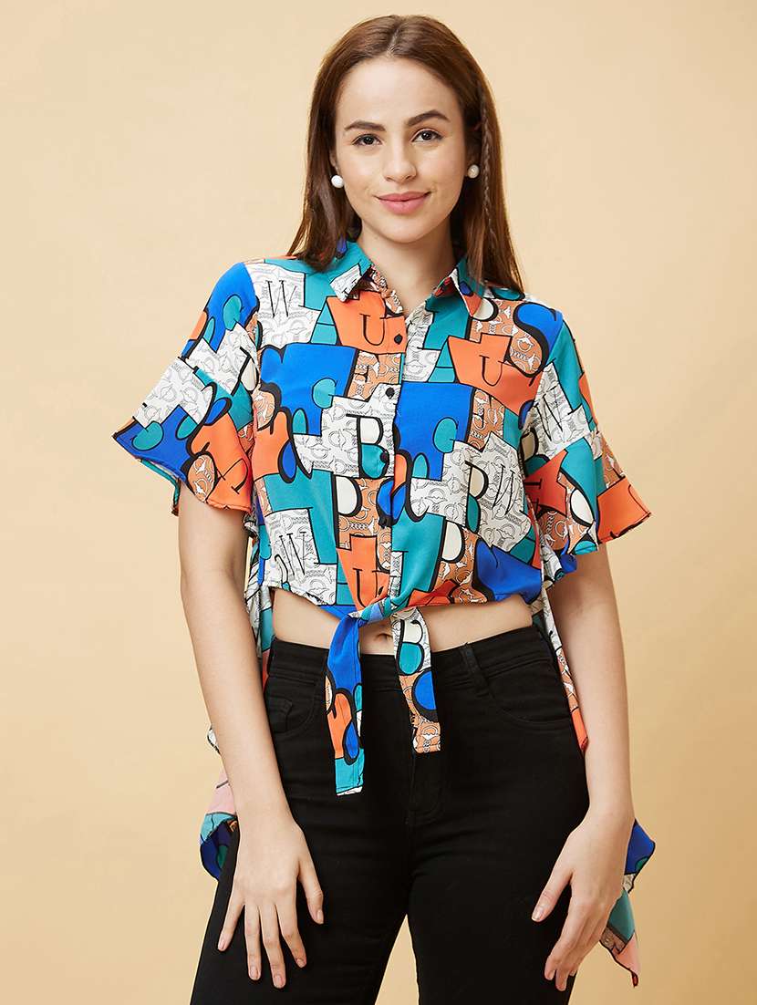 blue graphic printed asymmetric top