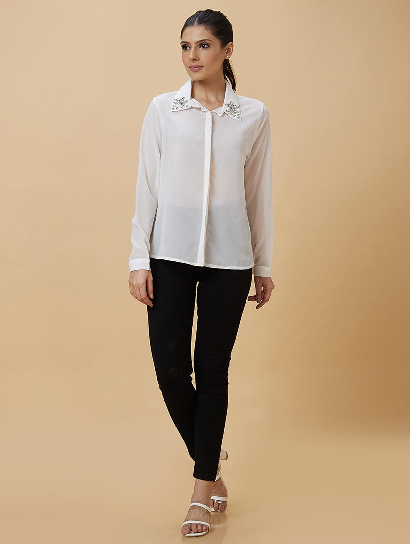 globus women white embellished collar cuffed sleeves shirt style party top - 20485906 - Standard Image - 4
