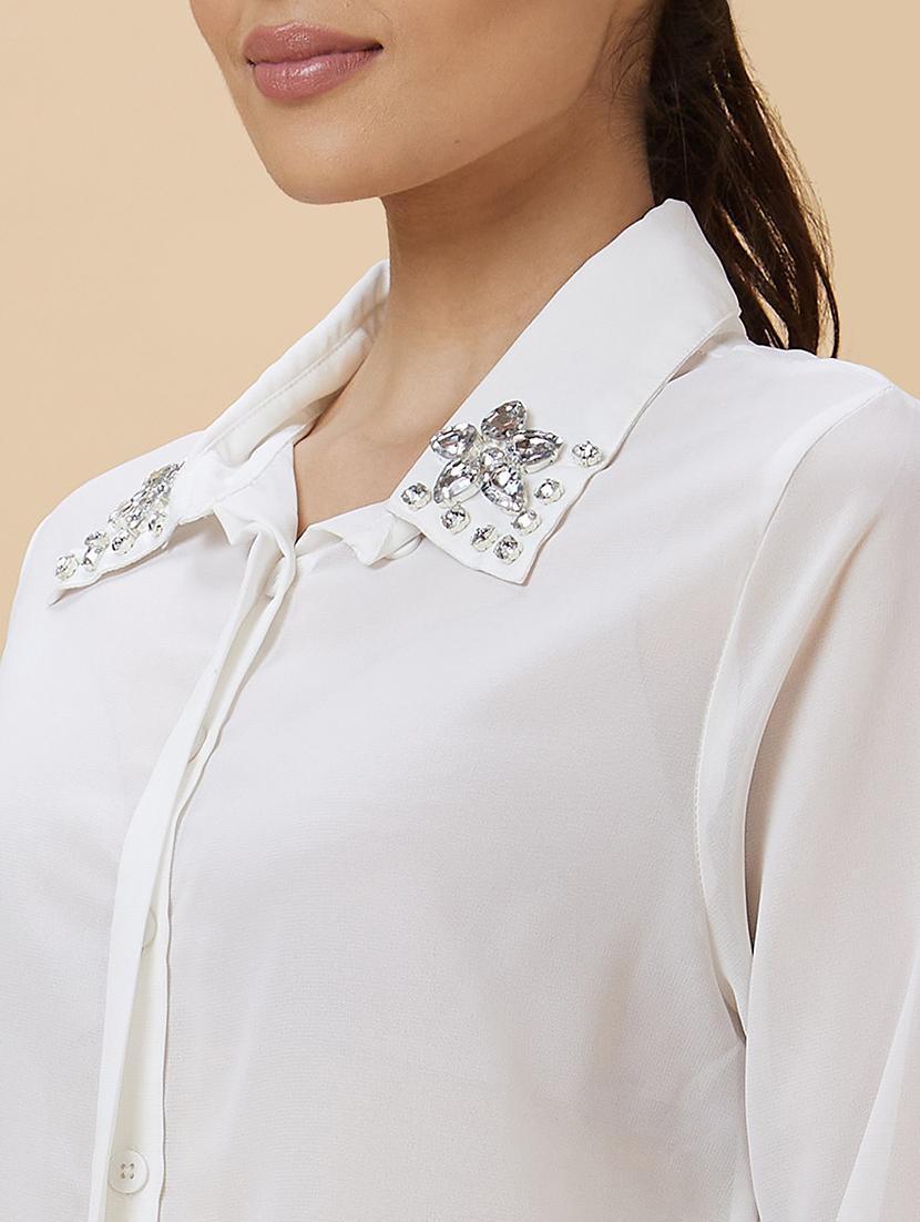 globus women white embellished collar cuffed sleeves shirt style party top - 20485906 - Standard Image - 6